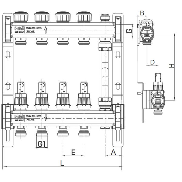Колектор із витратомірами та термостатичними клапанами з байпасом Roho R814-02 — 1"х 2 вих. (RO004 RO0045 фото