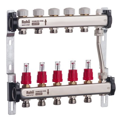 Колектор із витратомірами та термостатичними клапанами з байпасом Roho R814-05 — 1"х 5 вих. (RO004