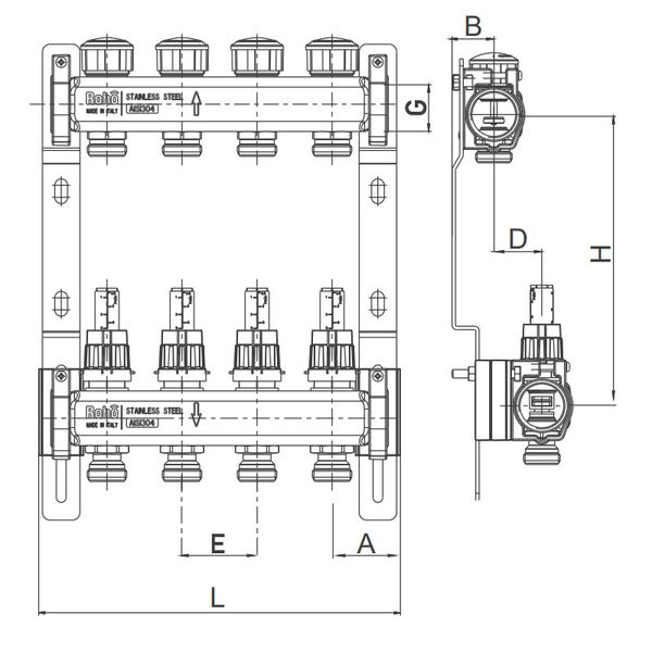Коллектор с расходомером и термостатическими клапанами Roho R804-08 — 1"х 8 вых. (RO0040) RO0040 фото